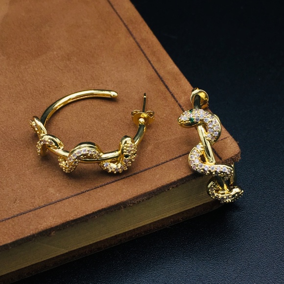 Victorian Gothic Gold Snake Serpent Hoops with Emerald Green Crystal Eyes - Picture 6 of 7